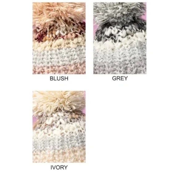 Ivory Cozy Knitted Striped Pompom Winter Knit Beanie Women's Hat - Picture 4 of 4